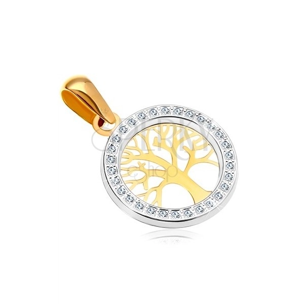 Zlatý prívesok 585 - lesklý strom života v zirkónovej kontúre kruhu