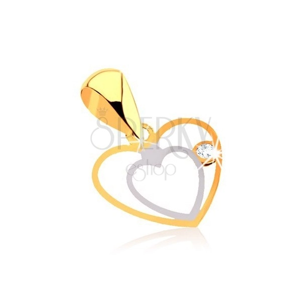 Prívesok z kombinovaného 9K zlata - jemný zdvojený obrys srdca, číry zirkónik