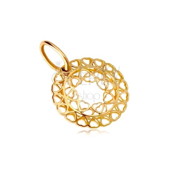 Prívesok zo žltého zlata 585 - kruh zo spojených drobných srdiečok