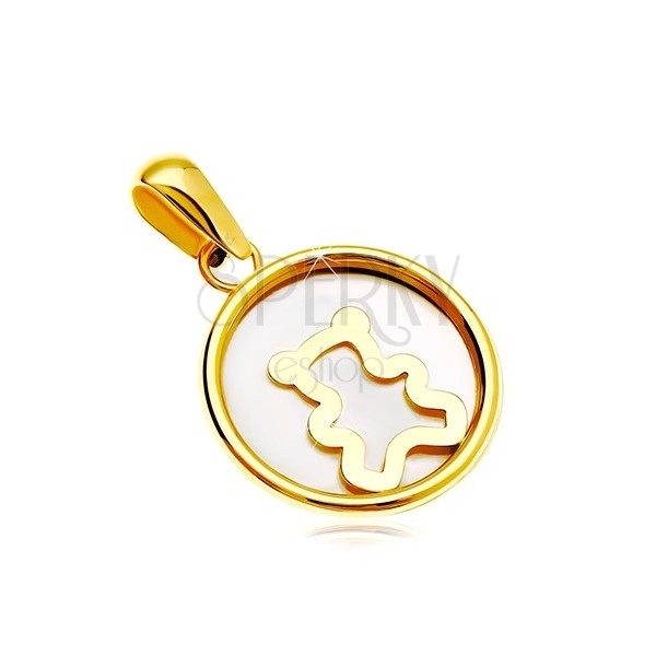 Prívesok zo žltého 14K zlata - kruh s bielou perleťou a medvedíkom