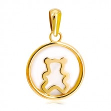 Prívesok zo žltého 14K zlata - kruh s bielou perleťou a medvedíkom