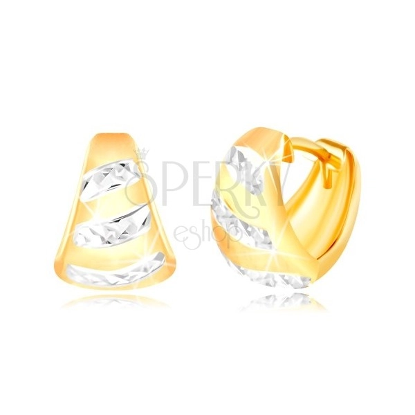 Zlaté 14K náušnice - matný rozšírený oblúk, ligotavé pásy z bieleho zlata