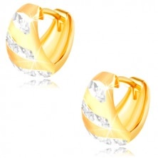 Zlaté 14K náušnice - matný rozšírený oblúk, ligotavé pásy z bieleho zlata