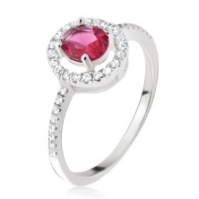Strieborný prsteň 925 - okrúhly ružovočervený zirkón, číra obruba