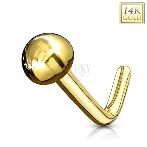 Zlatý 585 zahnutý piercing do nosa - lesklá hladká polgulička, žlté zlato