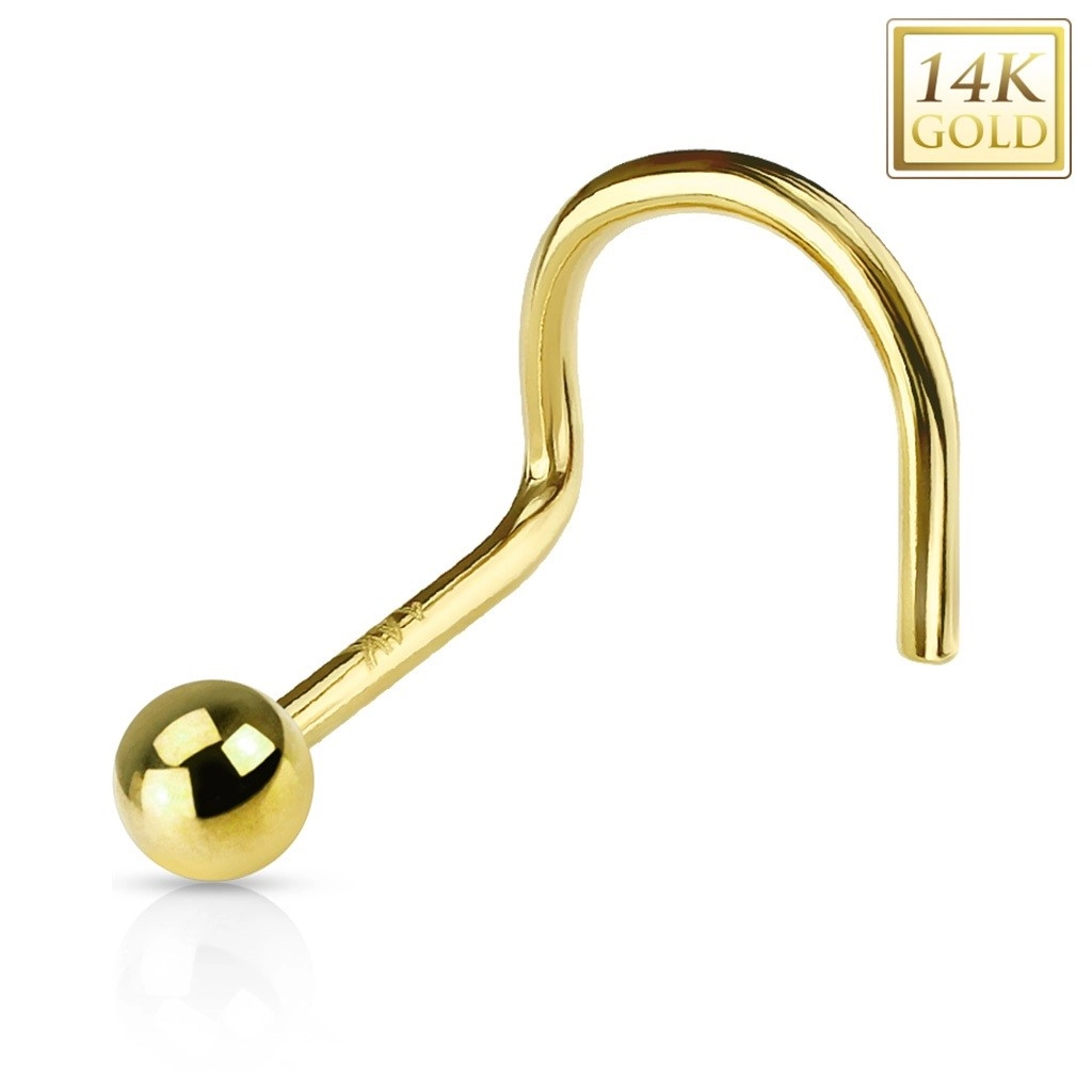 Zahnutý zlatý 14K piercing do nosa - lesklá hladká gulička, žlté zlato - Hrúbka piercingu: 1 mm