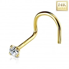 Zahnutý piercing do nosa zo žltého 14K zlata, okrúhly číry zirkón, 2 mm