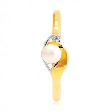 Diamantový prsteň zo 14K zlata, dvojfarebné vlnky, číry briliant a biela perla