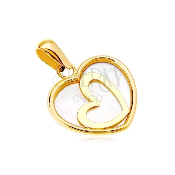 Prívesok zo žltého 14K zlata - srdce s perleťou a šikmým obrysom v strede