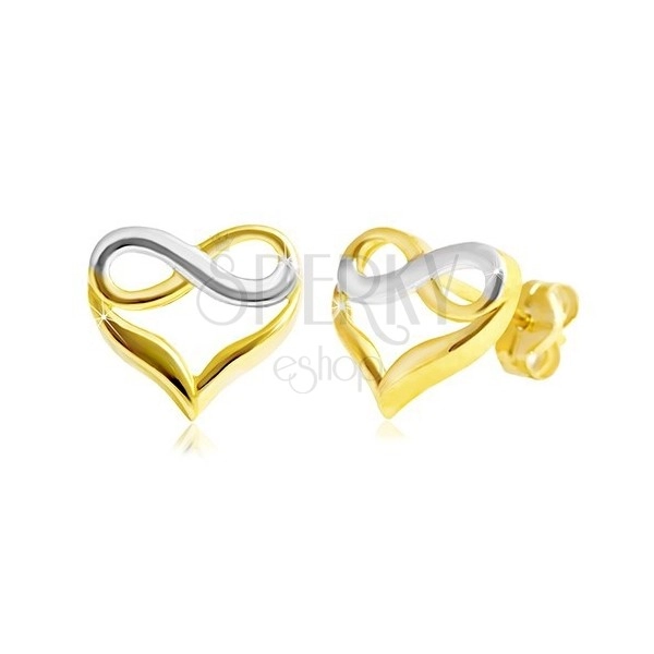 Zlaté puzetové náušnice 585 - dvojfarebné srdce so symbolom nekonečna