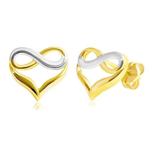 Zlaté puzetové náušnice 585 - dvojfarebné srdce so symbolom nekonečna