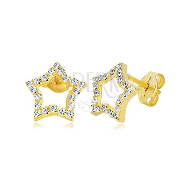 Náušnice zo žltého zlata 585 - kontúra hviezdy zdobená čírymi zirkónmi