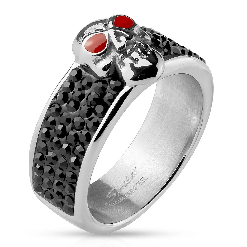 Oceľový prsteň striebornej farby, lebka s červenými očami, čierne zirkóny - Veľkosť: 65 mm