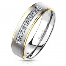 Dvojfarebný oceľový prsteň, strieborný a zlatý odtieň, číre zirkóny, 6 mm