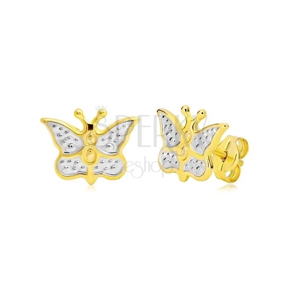 Zlaté náušnice 585 - motýlik zdobený bielym zlatom a bodkami