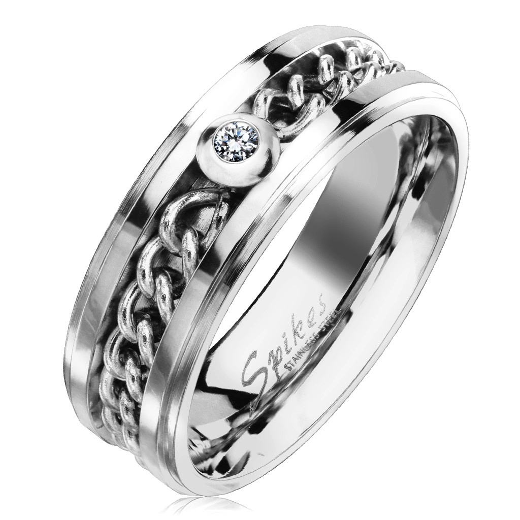 Oceľový prsteň v striebornom odtieni s retiazkou a čírym zirkónom, 7 mm - Veľkosť: 67 mm