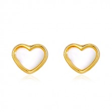 Puzetové zlaté 14K náušnice srdcového tvaru s prírodnou perleťou