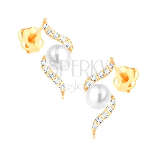Náušnice zo žltého zlata 585 - diamantová špirála s perlou v strede