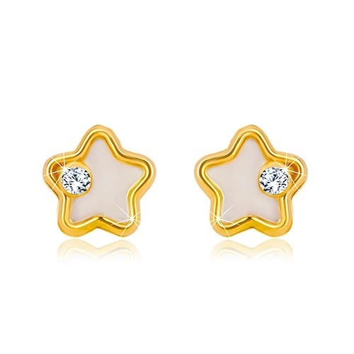 Zlaté náušnice 585 - hviezdička s bielou prírodnou perleťou a čírym zirkónom