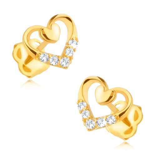 Diamantové náušnice v 14K zlate - obrys srdca s menším srdiečkom a briliantmi