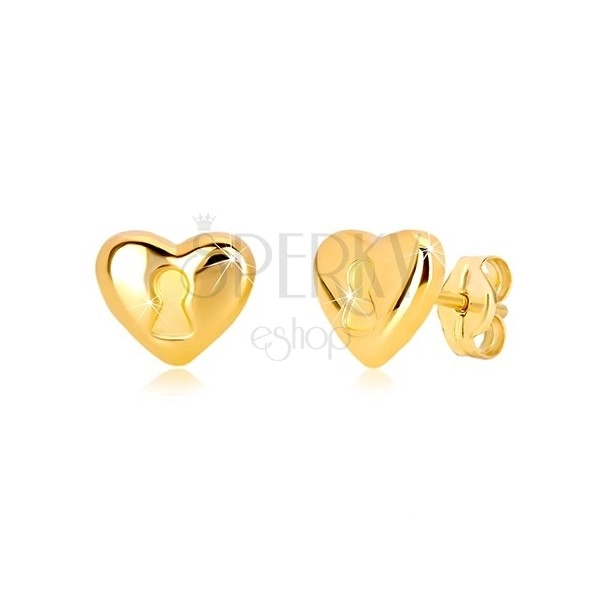 Náušnice zo 14K žltého zlata - srdce s kľúčovou dierkou, puzetové zapínanie
