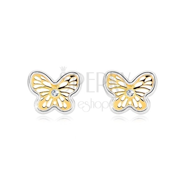 Náušnice z kombinovaného zlata 585 - ozdobne vyrezávaný motýlik so zirkónom