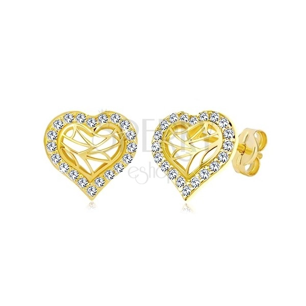 Puzetové náušnice zo žltého zlata 585 - obrys srdca so zirkónmi, výrezy