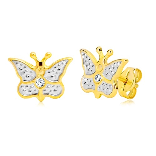 E-shop Šperky Eshop - Puzetové náušnice z kombinovaného 14K zlata - vyrezávaný motýlik so zirkónom GG19.19