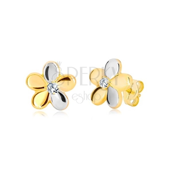 Náušnice z kombinovaného zlata 585 - lesklý dvojfarebný kvet, zirkón