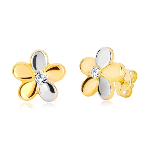 E-shop Šperky Eshop - Náušnice z kombinovaného zlata 585 - lesklý dvojfarebný kvet, zirkón GG19.24