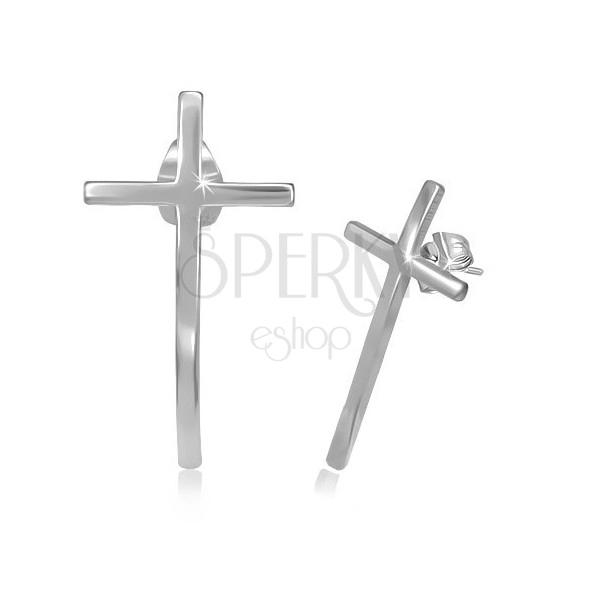 Puzetové náušnice z chirurgickej ocele - úzky kríž s lesklým povrchom