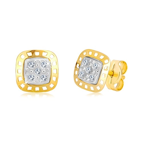E-shop Šperky Eshop - Náušnice z kombinovaného zlata 585 - dvojfarebný štvorec so zirkónmi GG19.39