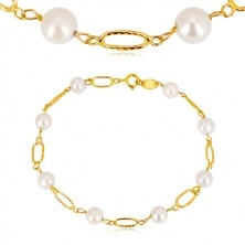 Náramok v žltom zlate 585 - biele guľaté perly, oválne očká so zárezmi