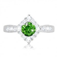Strieborný prsteň 925 - číry zirkónový kosoštvorec, okrúhly zelený zirkón