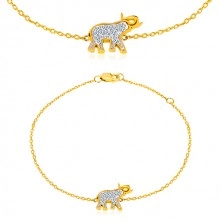 Náramok zo 14K zlata - sloník s trblietavými zirkónmi, jemná lesklá retiazka