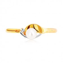 Prsteň v kombinovanom zlate 585 - zrkadlovolesklá vlnka, zirkón a perla