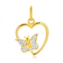 Prívesok v kombinovanom 14K zlate - lesklý obrys srdca, motýlik