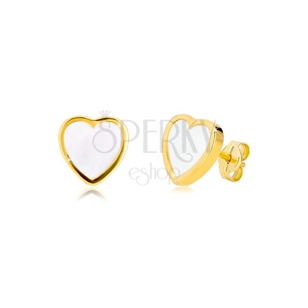 Náušnice zo žltého 14K zlata - kontúra symetrického srdca s prírodnou perleťou