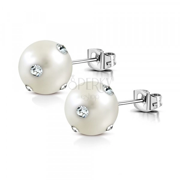 Oceľové náušnice - biela syntetická perla, číre ligotavé zirkóny, puzetky