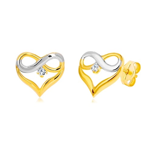 E-shop Šperky Eshop - Briliantové náušnice z kombinovaného zlata 585 - kontúra srdca, symbol nekonečna BT504.29