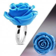 Prsteň z chirurgickej ocele - ruža v rozkvete, lesklá modrá živica