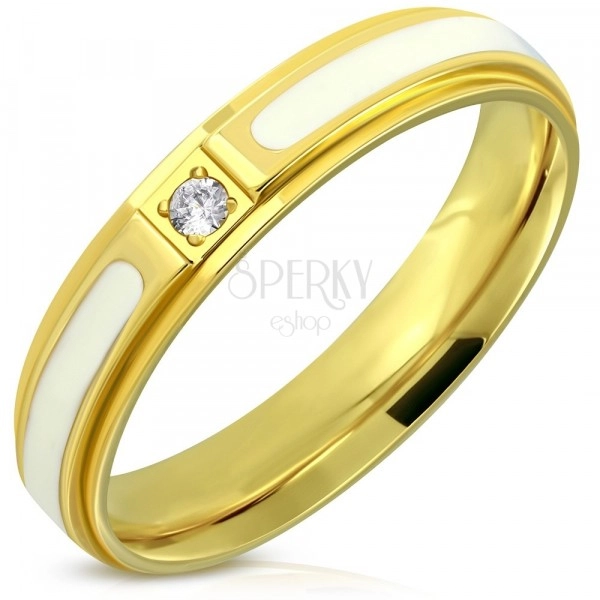 Oceľový prsteň - lesklý povrch zlatej farby, biela glazúra a zirkón, 4 mm