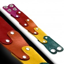 Kožený náramok - puzzle dieliky vo farbách dúhy spájané nitmi, PRIDE