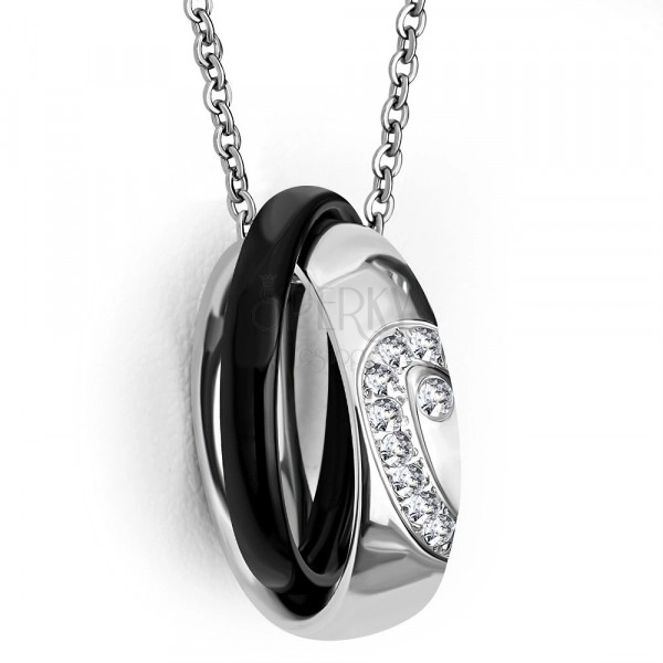 Prívesok z ocele - obrúčka s polovicou srdca a zirkónmi, čierny prsteň
