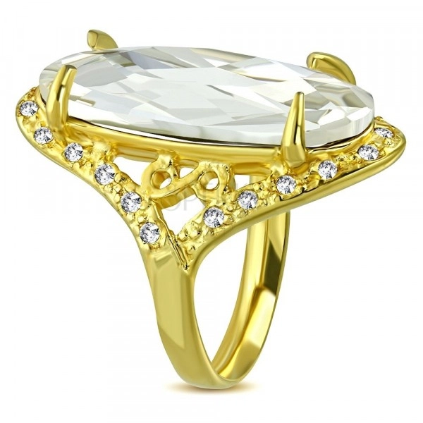Mohutnejší prsteň zlatej farby z ocele - číry brúsený zirkón, symbol nekonečna