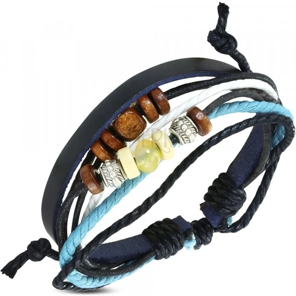 Nastaviteľný náramok so šnúrkami - koženkový pás čiernej farby, korálky