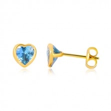 Zlaté 9K náušnice - tenká kontúra srdca, syntetický akvamarín modrej farby