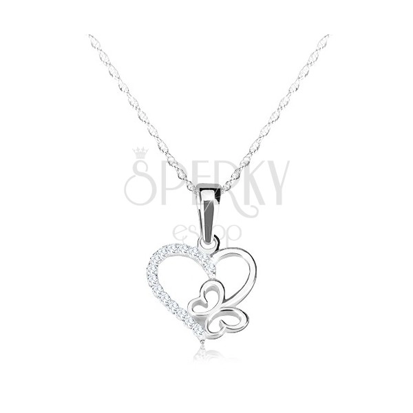 Strieborný náhrdelník 925 - jemná retiazka, kontúra srdca a motýlika, zirkóny