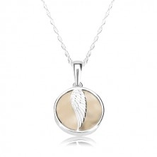 Strieborný náhrdelník 925 - anjelské krídlo, lesklý kruh, mramorová glazúra krémovej farby