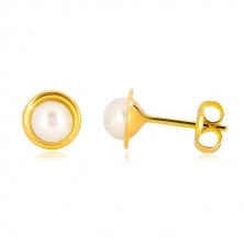 Zlaté náušnice 375 - sladkovodná perla bielej farby v okrúhlej objímke, puzetky